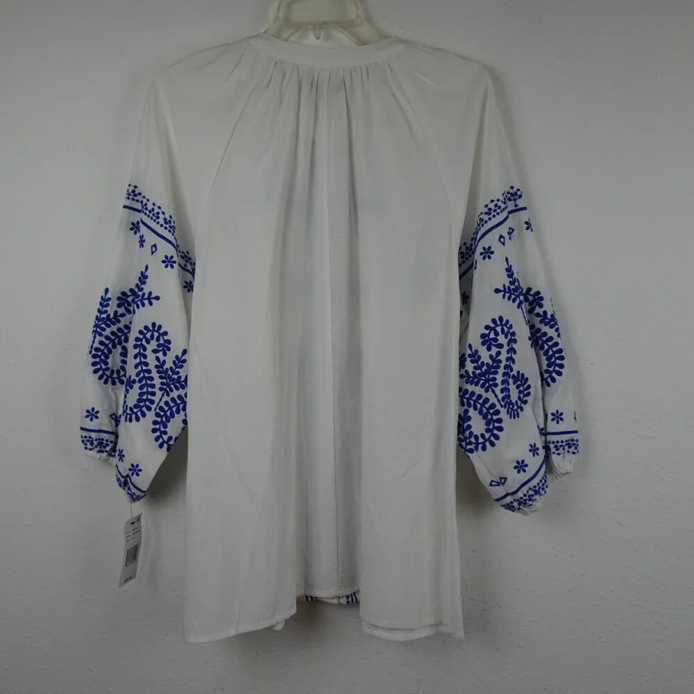 Calessa Embroidered Tunic Top Women's Size M White Blue Loose Fit Boho Peasant - Picture 5 of 11